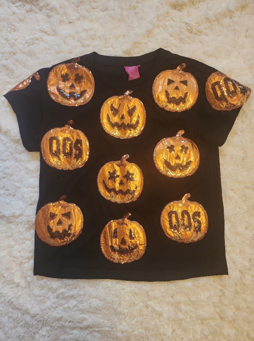 Queen Of Sparkles Black Halloween Pumpkin Sequin Tee
